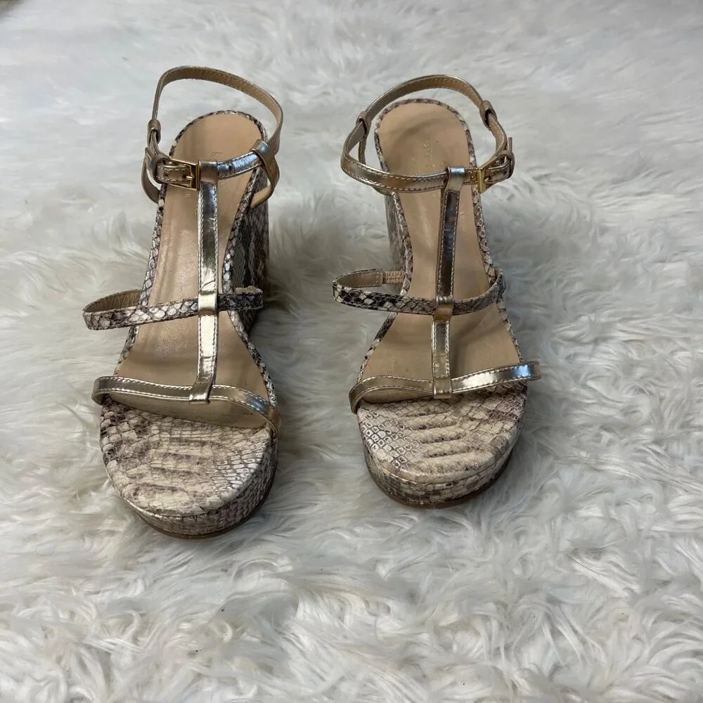Kate Spade Venezia Heels 7.5 Tan Snake Print Strappy Platform Open Toe Italy